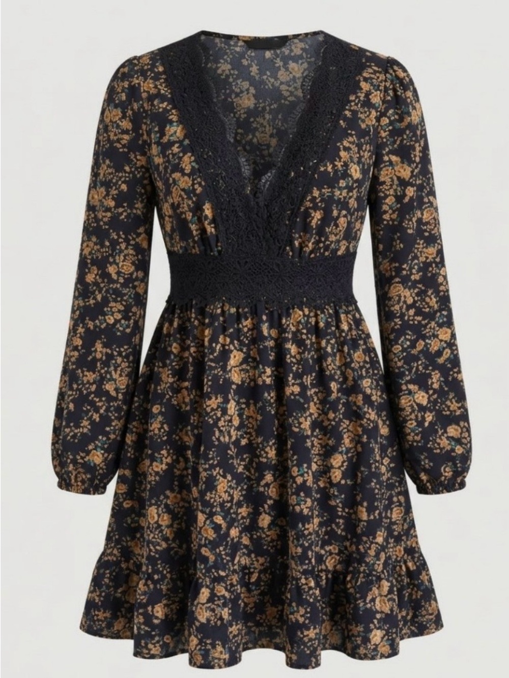 SHEIN Black Floral Lace-Trim Long Sleeve Mini Dress with Tan Print